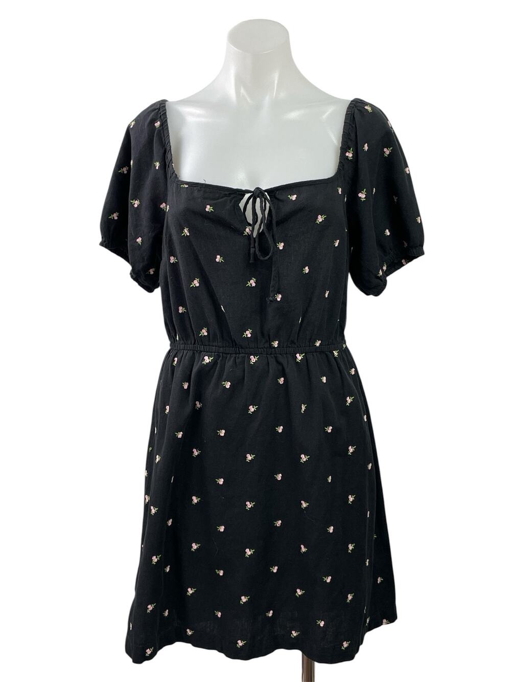 Miss Selfridge Black Floral Embroidered Puff Sleeve Fit & Flare Mini Dress Sz 6